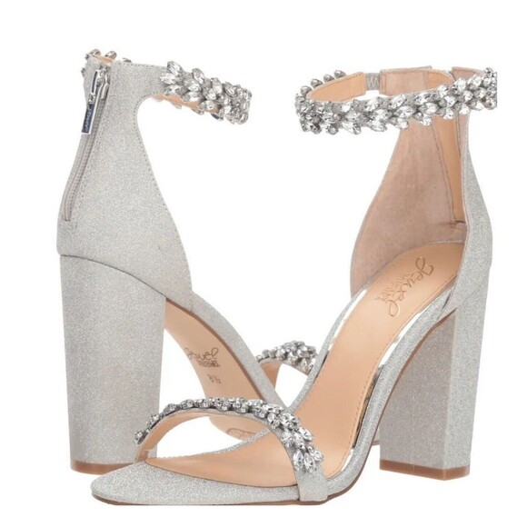 Jewel Badgley Mischka Mayra Ankle Strap Evening Shoe In Silver Sz 6 1/2 New WOT - Picture 1 of 13
